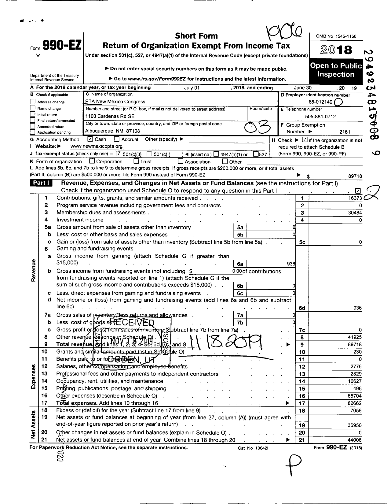 Image of first page of 2018 Form 990EZ for PTA New Mexico CONGRESS / NM PTA Parent Organization