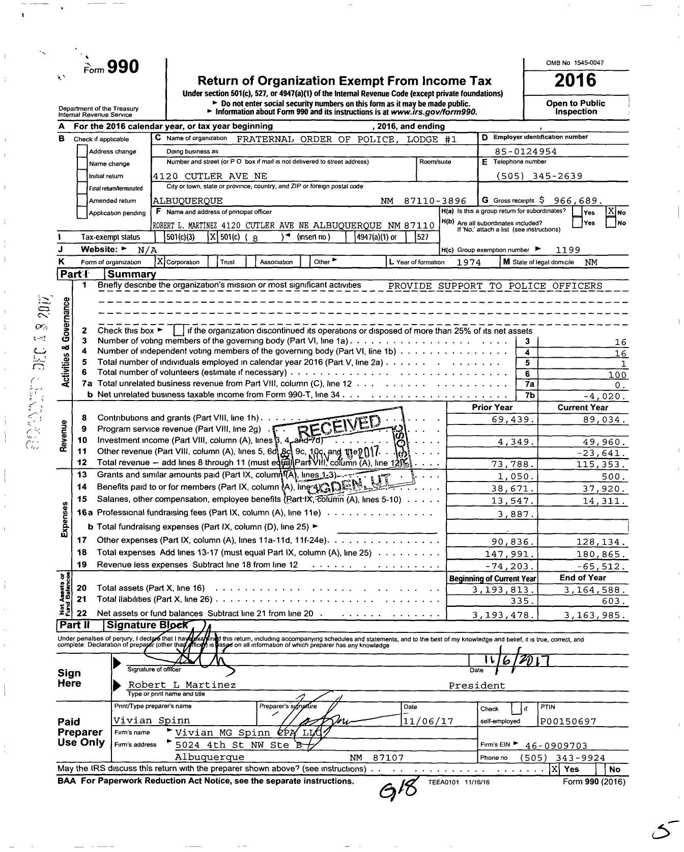 Image of first page of 2016 Form 990O for Fraternal Order of Police Lodge #1