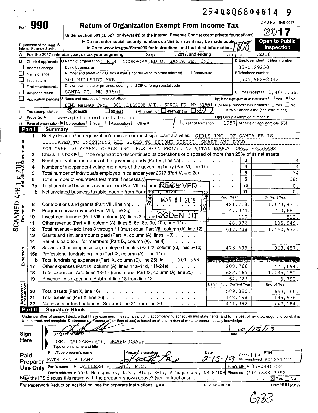 Image of first page of 2017 Form 990 for Girls Incorporated of Santa Fe