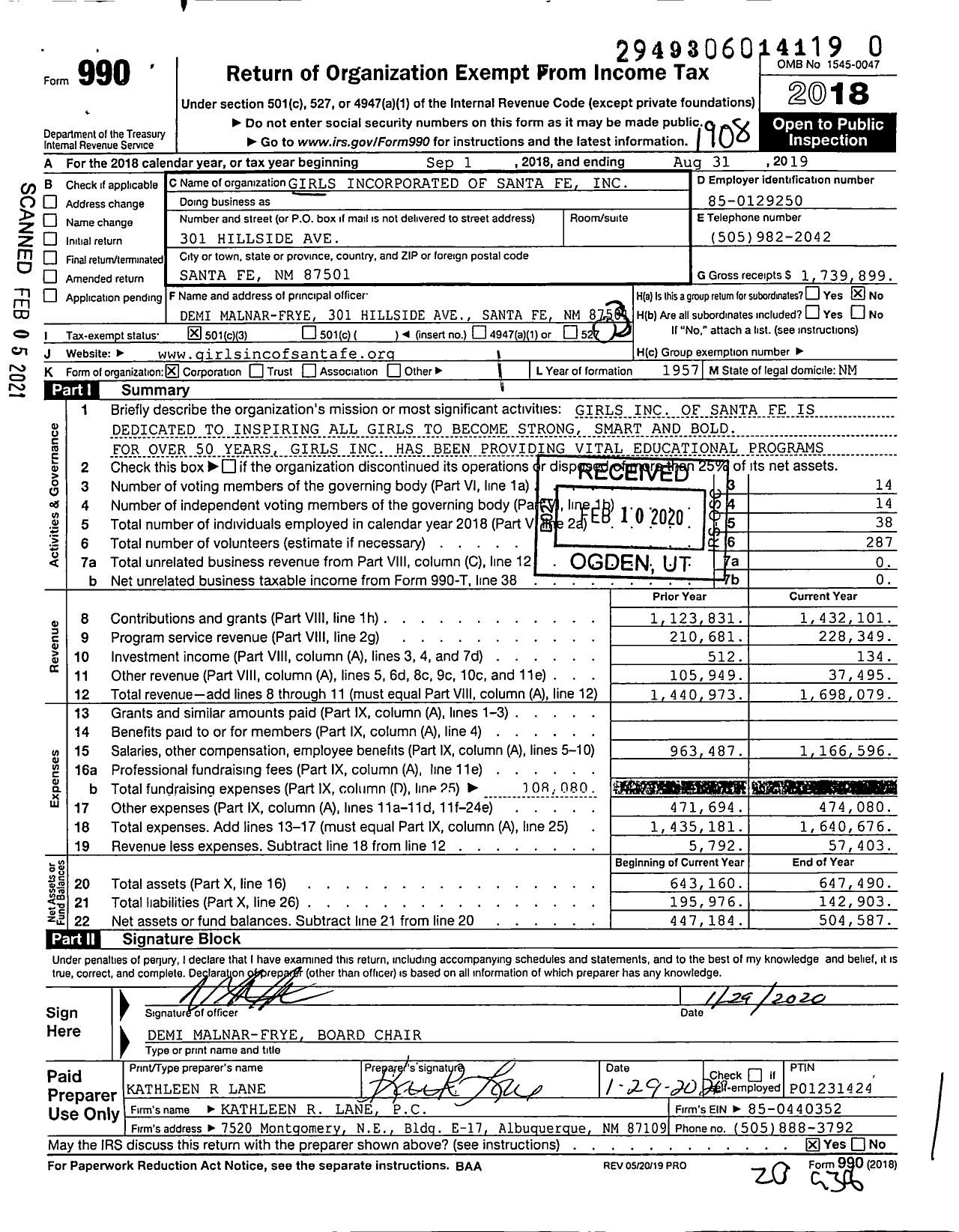 Image of first page of 2018 Form 990 for Girls Incorporated of Santa Fe