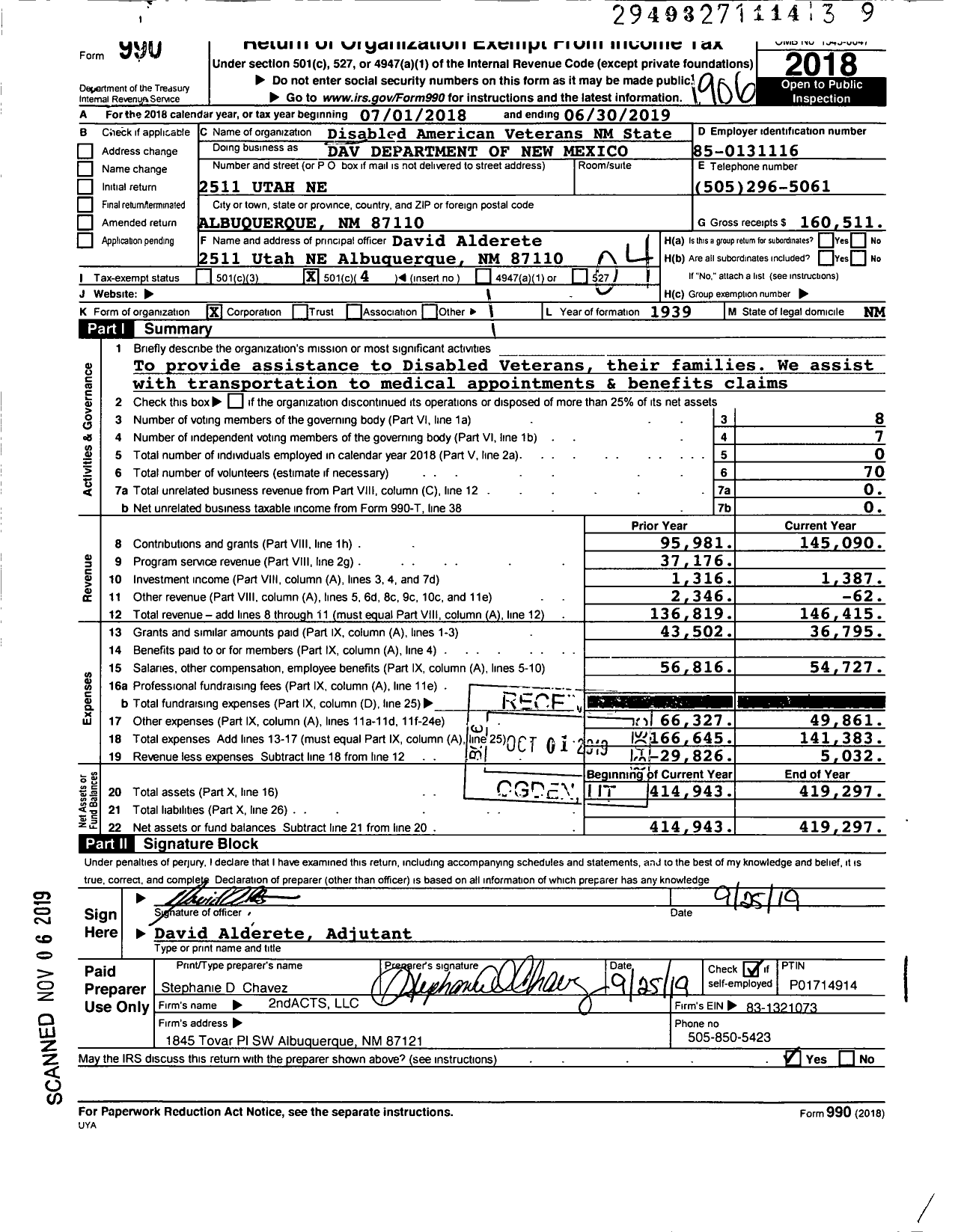 Image of first page of 2018 Form 990O for Disabled American Veterans - DAV Dept of NM