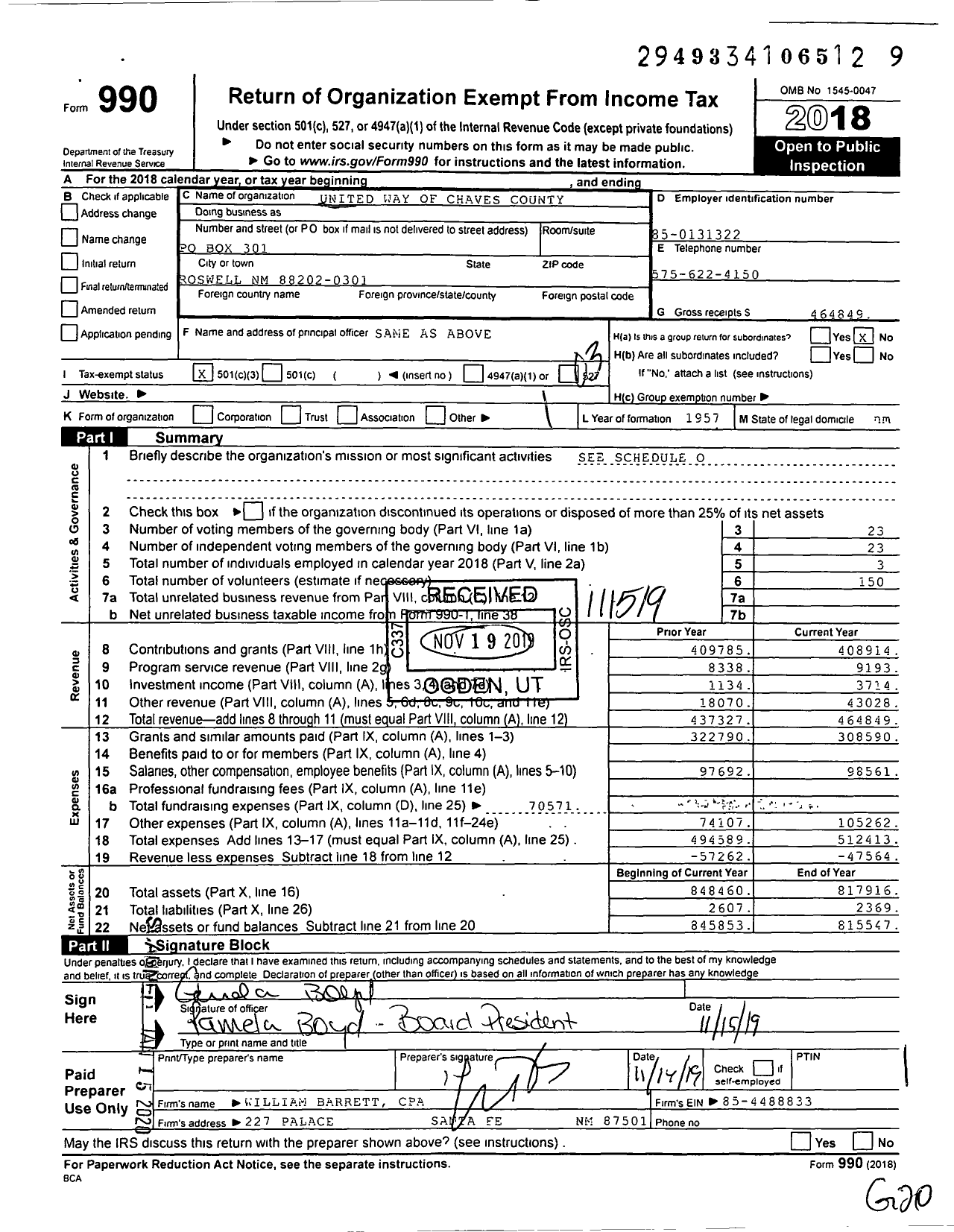 Image of first page of 2018 Form 990 for United Way of Chaves County