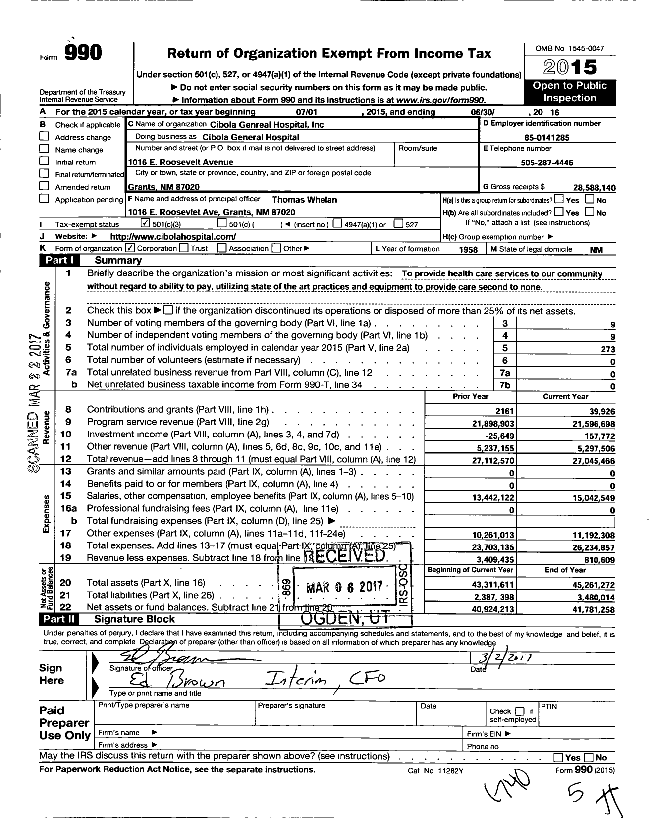Image of first page of 2015 Form 990 for Cibola General Hospital