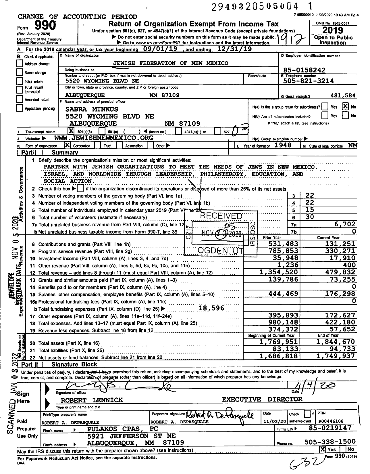 Image of first page of 2019 Form 990 for Jewish Federation of New Mexico