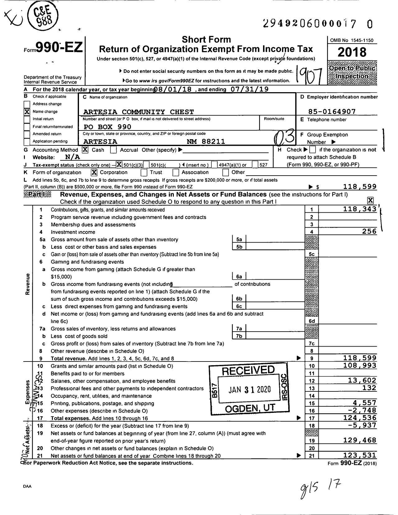 Image of first page of 2018 Form 990EZ for Artesia Community Chest