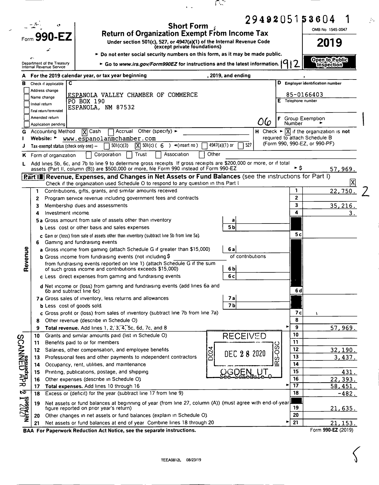 Image of first page of 2019 Form 990EO for Espanola Valley Chamber of Commerce