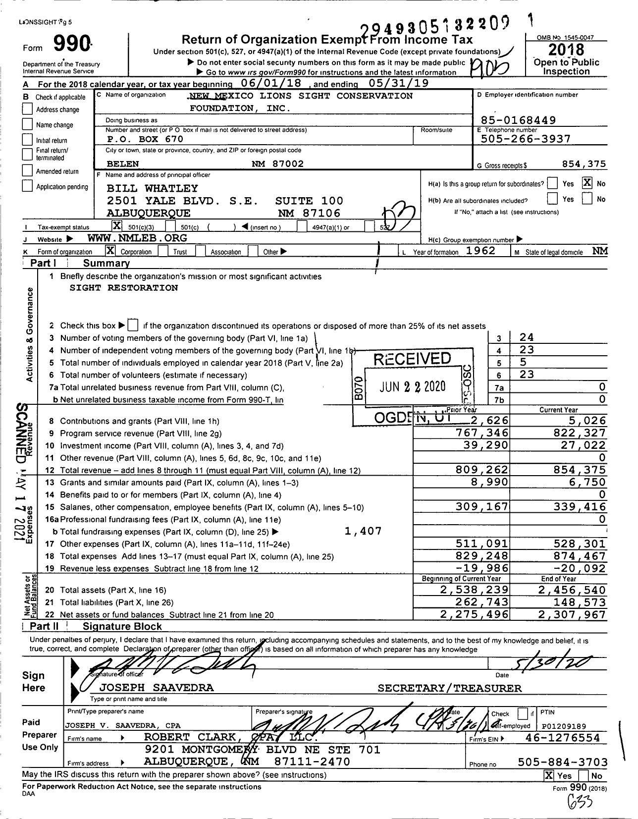 Image of first page of 2018 Form 990 for New Mexico Lions Sight Conservation Foundation