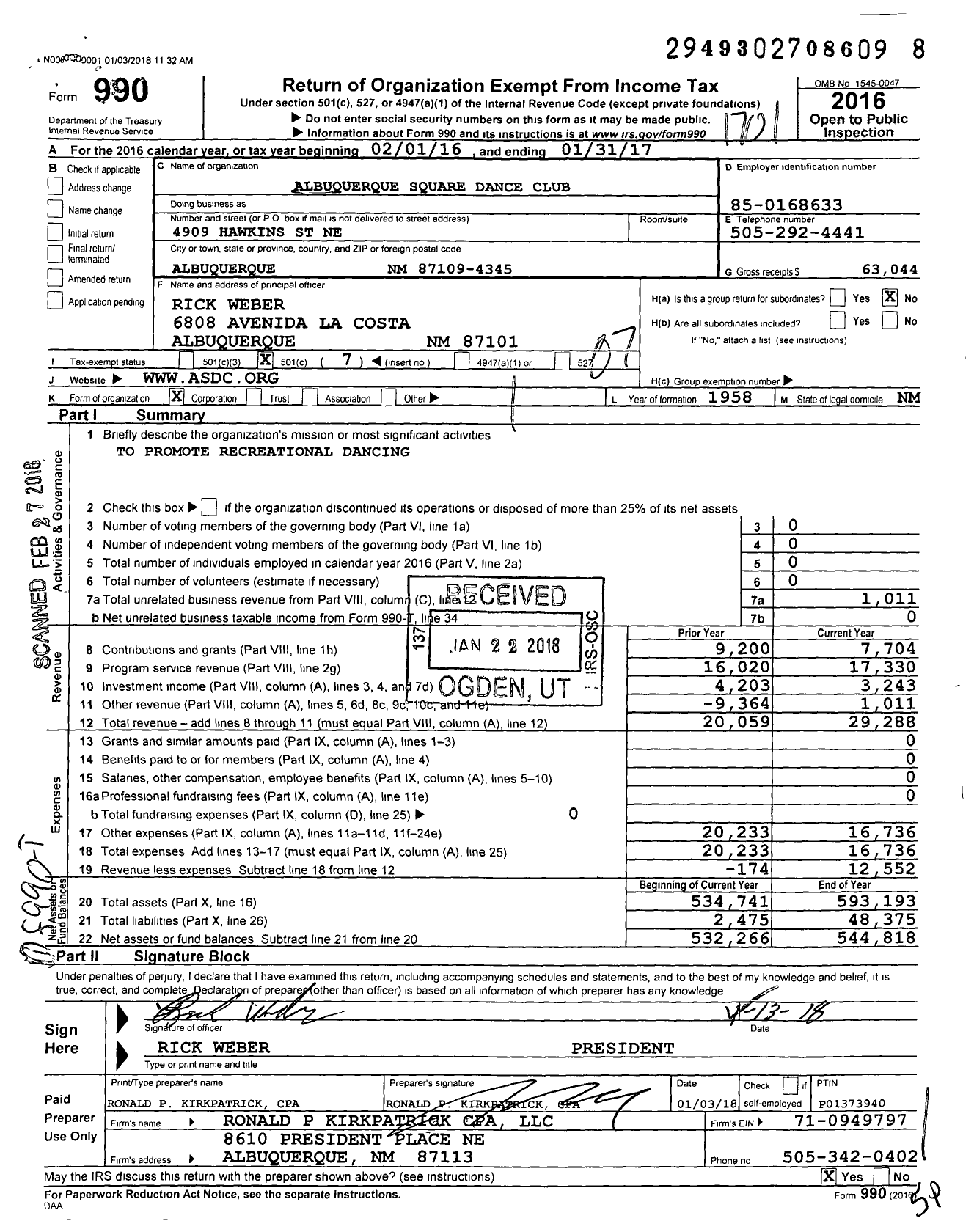 Image of first page of 2016 Form 990O for Albuquerque Square Dance Club