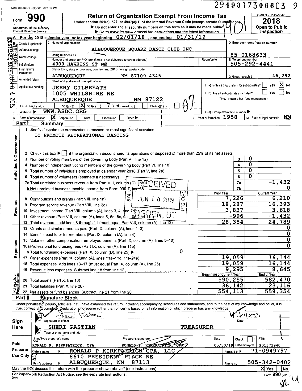 Image of first page of 2018 Form 990O for Albuquerque Square Dance Club