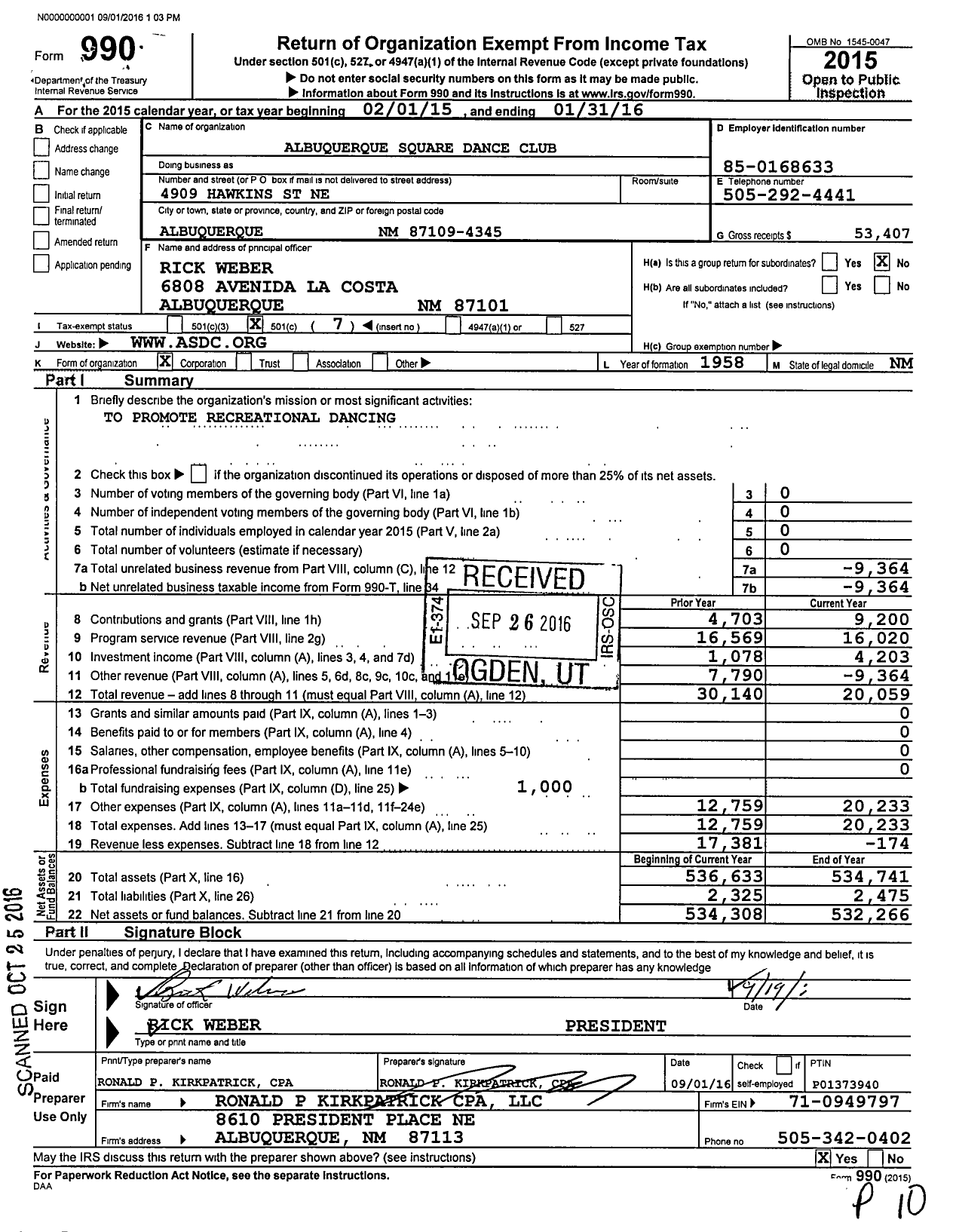 Image of first page of 2015 Form 990O for Albuquerque Square Dance Club