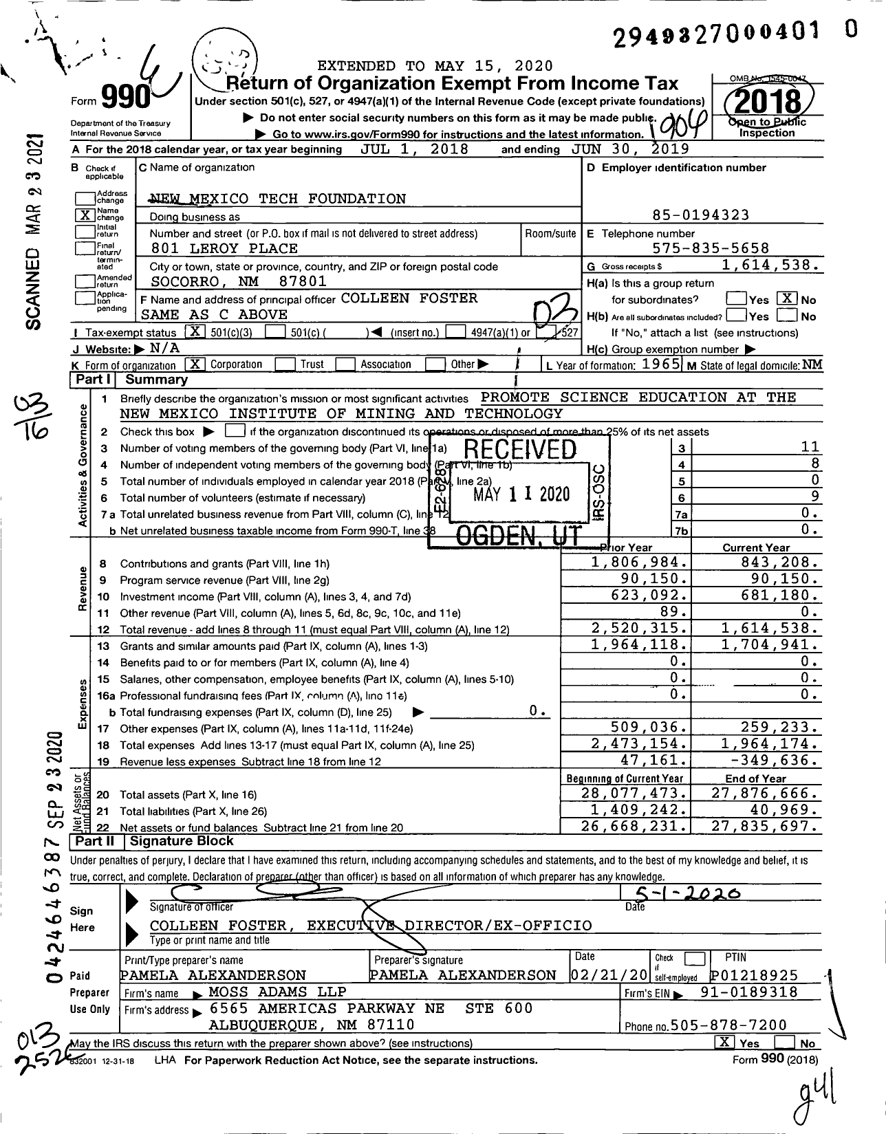 Image of first page of 2018 Form 990 for New Mexico Tech Foundation