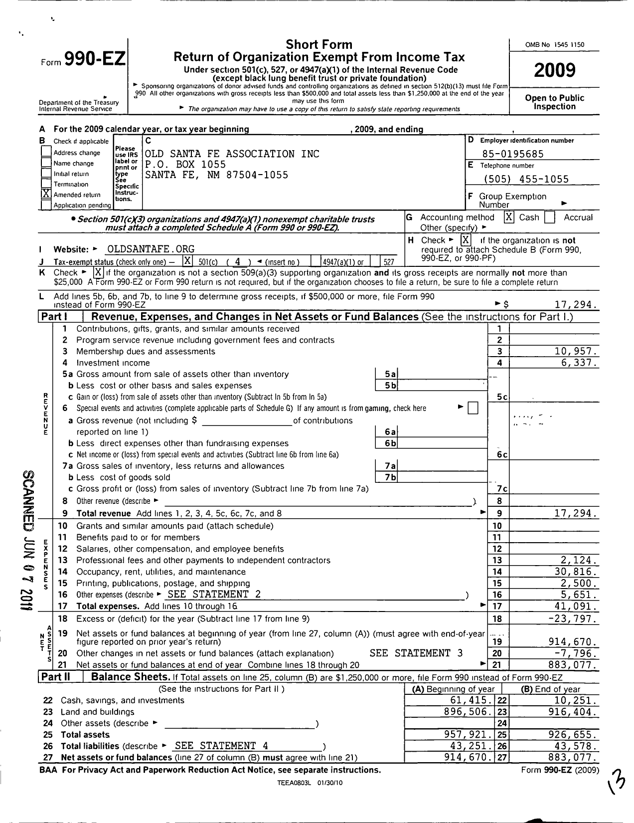 Image of first page of 2009 Form 990EO for Old Santa Fe Association