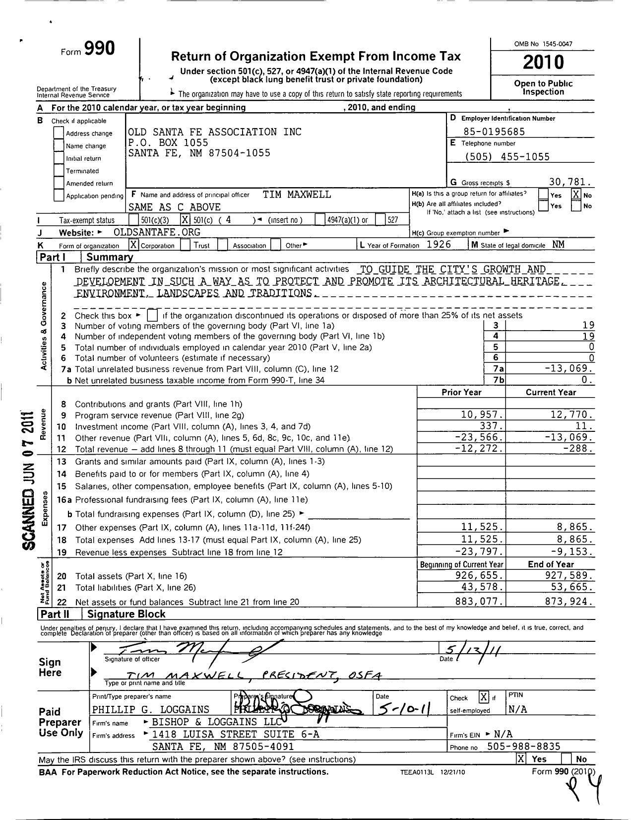 Image of first page of 2010 Form 990O for Old Santa Fe Association