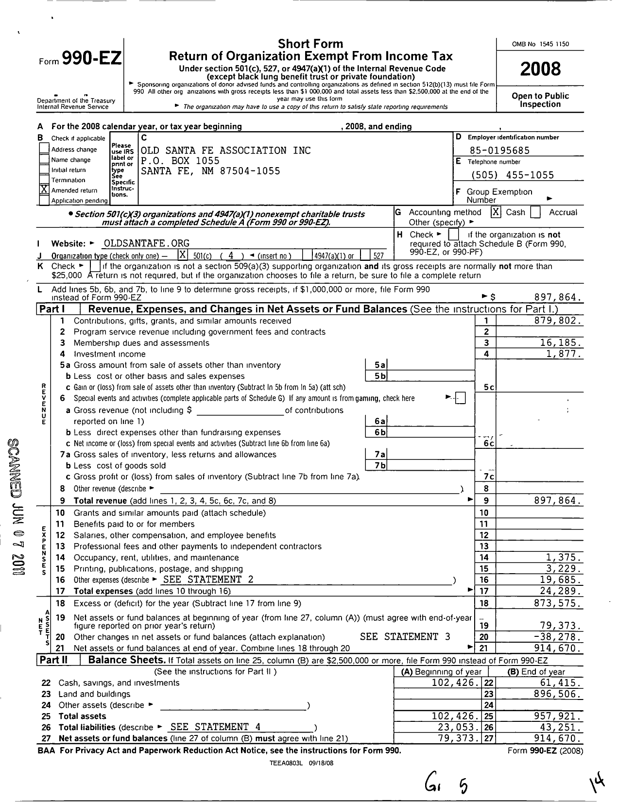 Image of first page of 2008 Form 990EO for Old Santa Fe Association