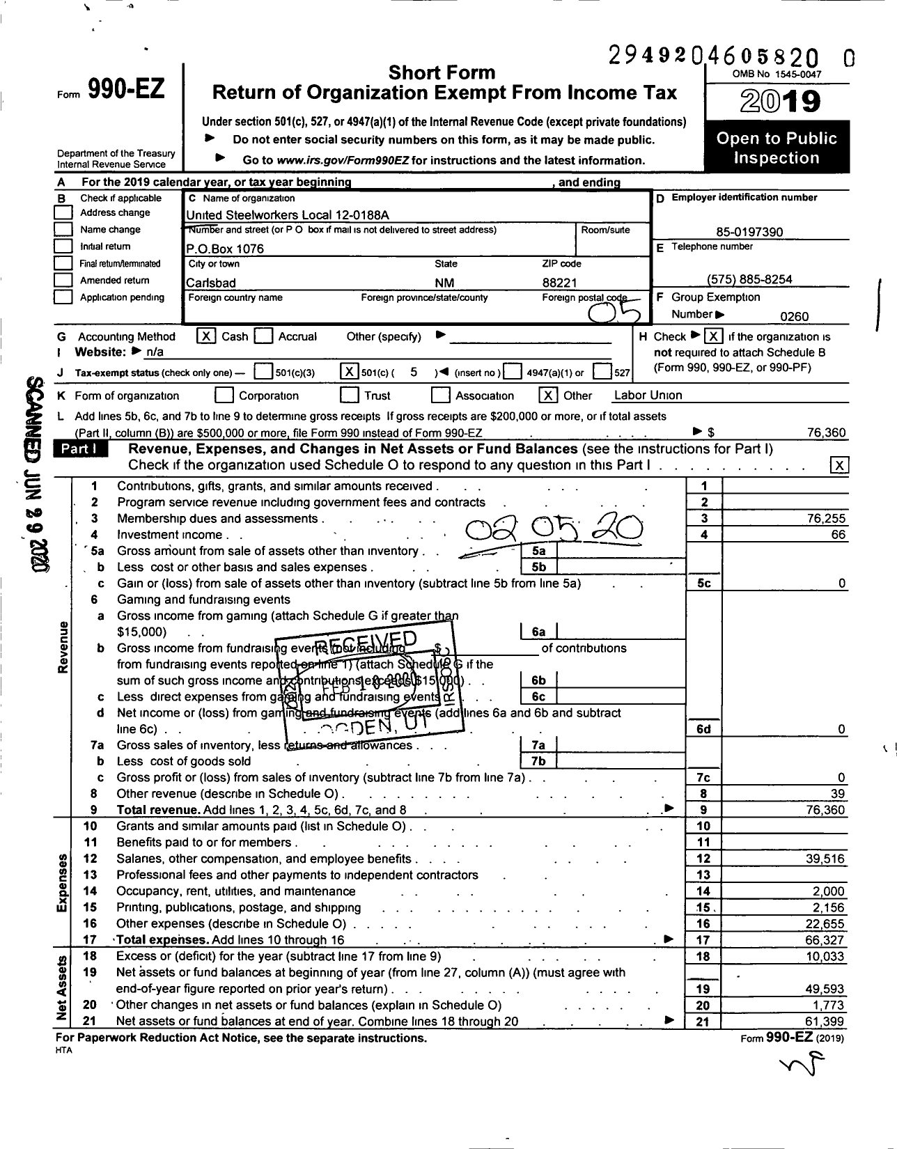 Image of first page of 2019 Form 990EO for United Steelworkers - 188a Local