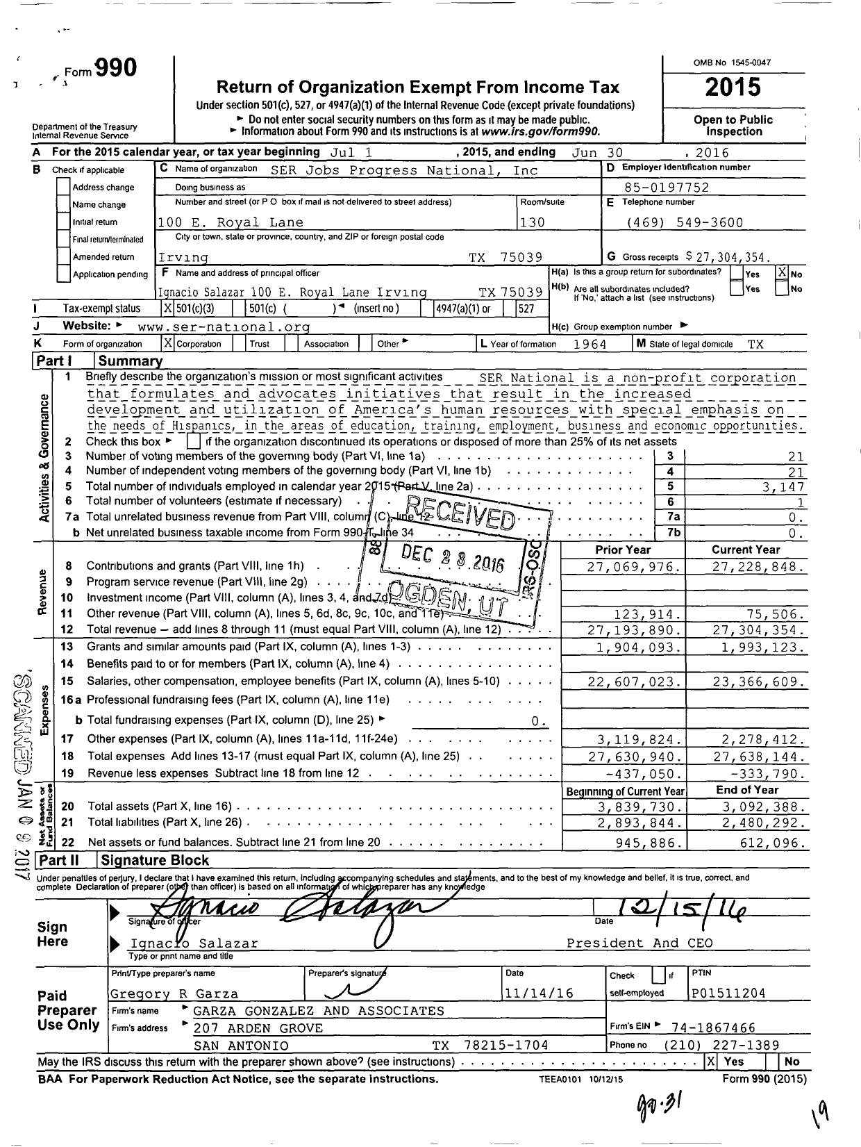 Image of first page of 2015 Form 990 for SER-Jobs for Progress National