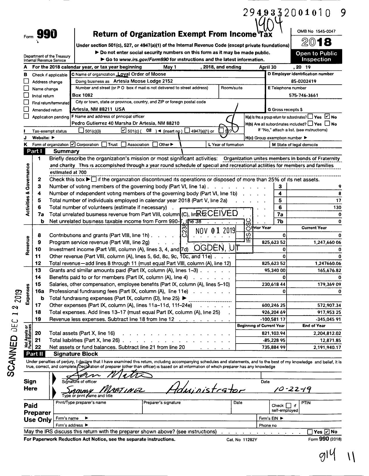 Image of first page of 2018 Form 990O for Loyal Order of Moose - Artesia Moose Lodge 2152