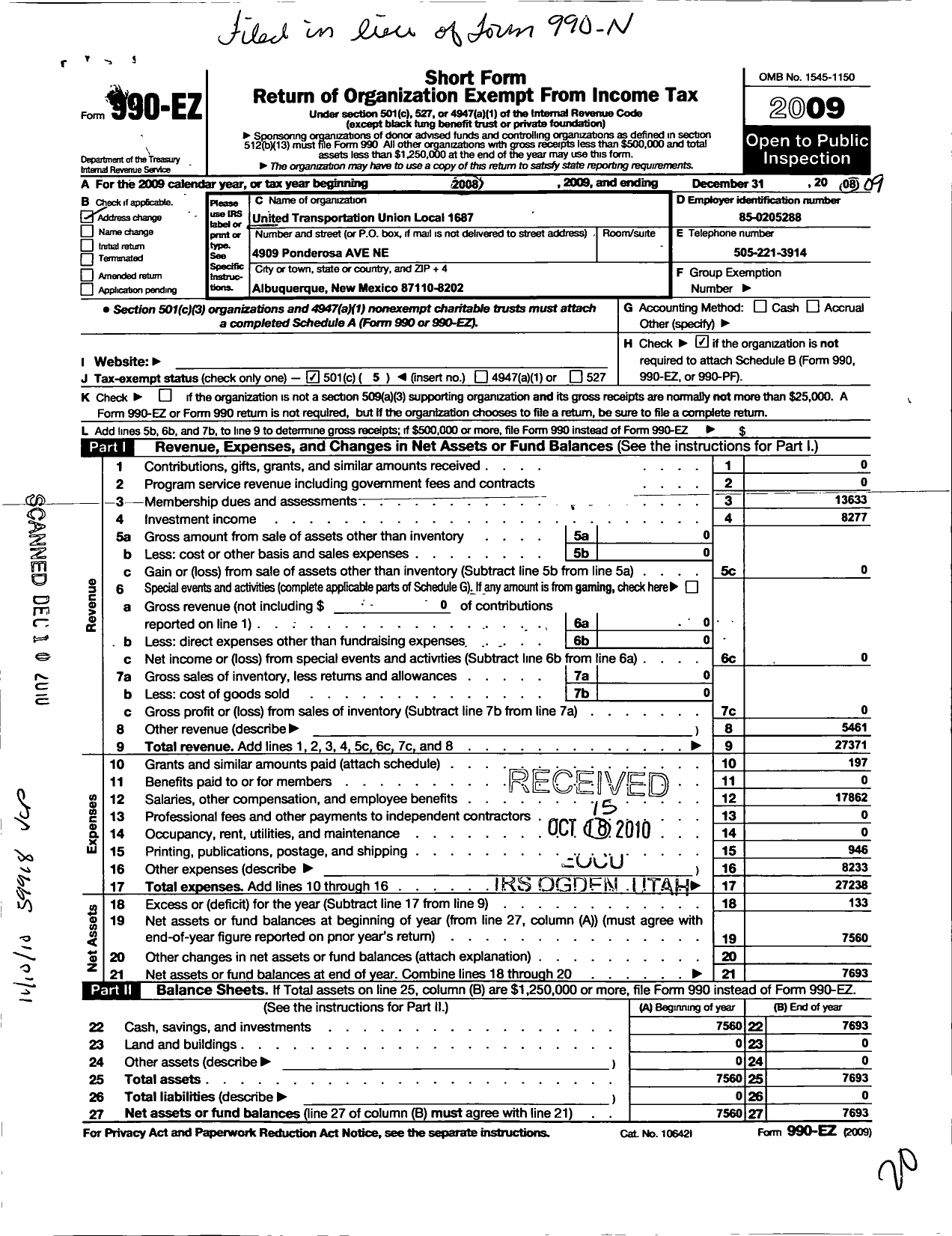 Image of first page of 2009 Form 990EO for Smart Union - 1687 TD