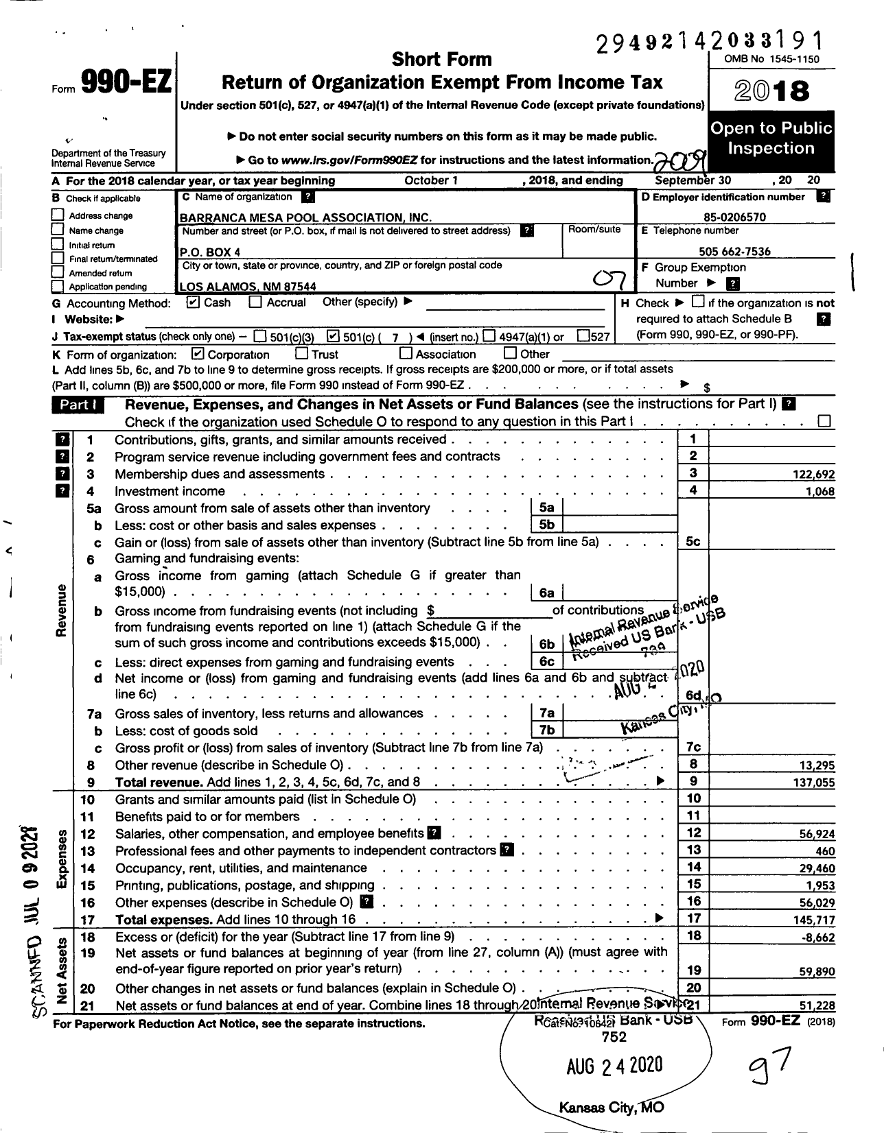 Image of first page of 2019 Form 990EO for Barranca Mesa Pool Association