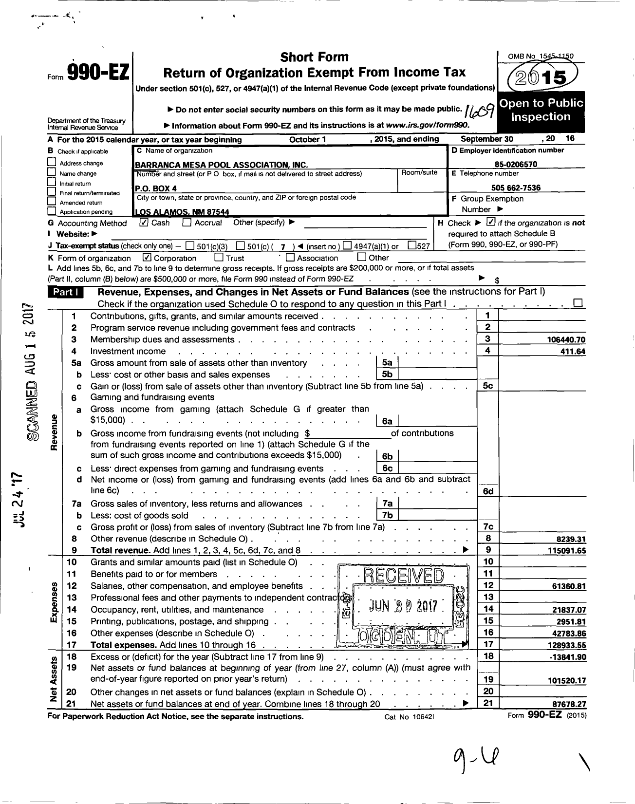 Image of first page of 2015 Form 990EO for Barranca Mesa Pool Association