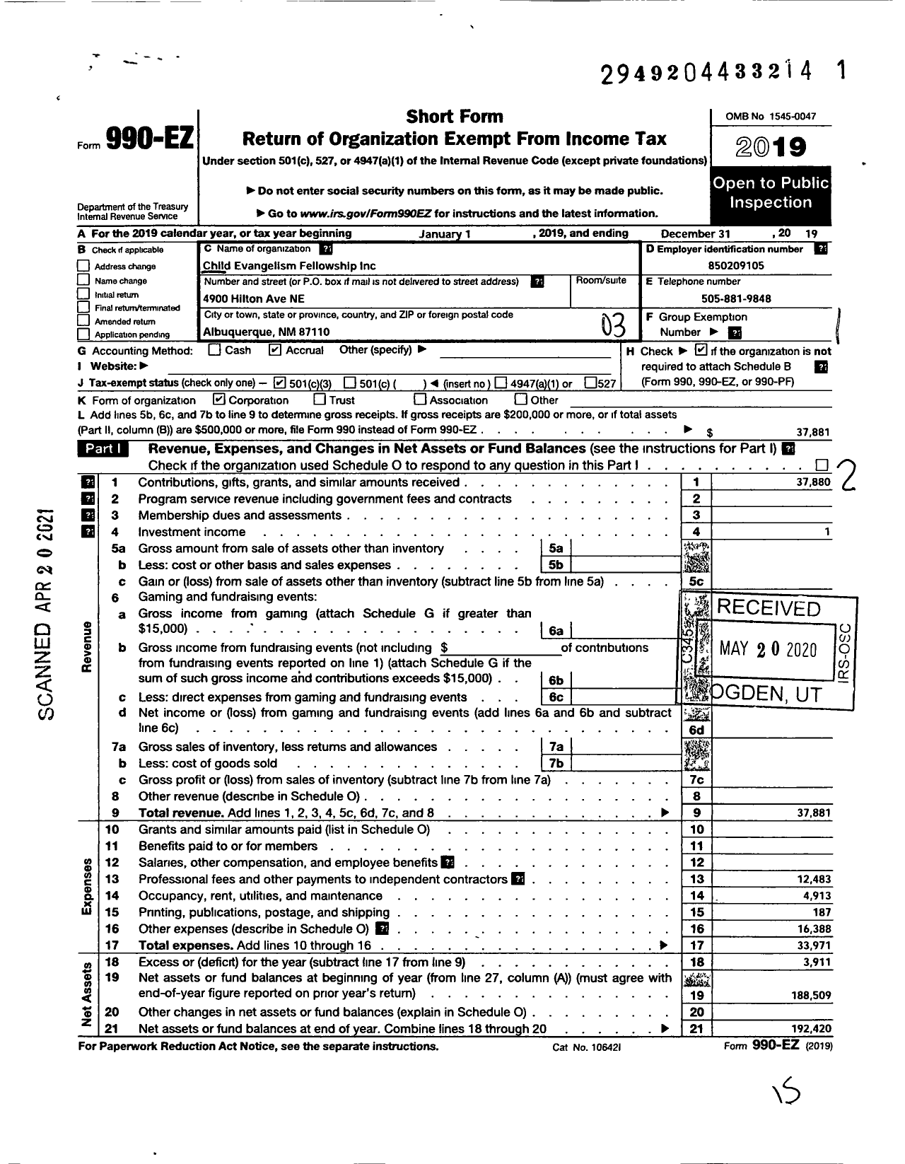 Image of first page of 2019 Form 990EZ for Child Evangelism Fellowship - New Mexico Chapter