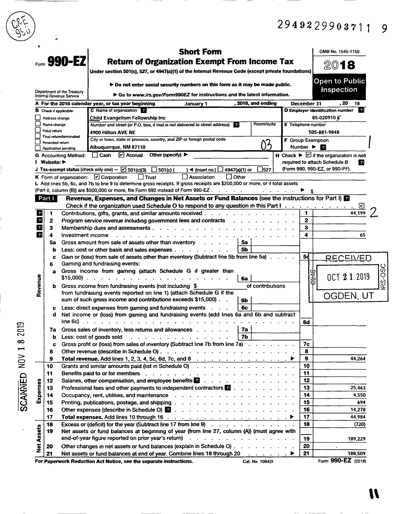 Image of first page of 2018 Form 990EZ for Child Evangelism Fellowship - New Mexico Chapter