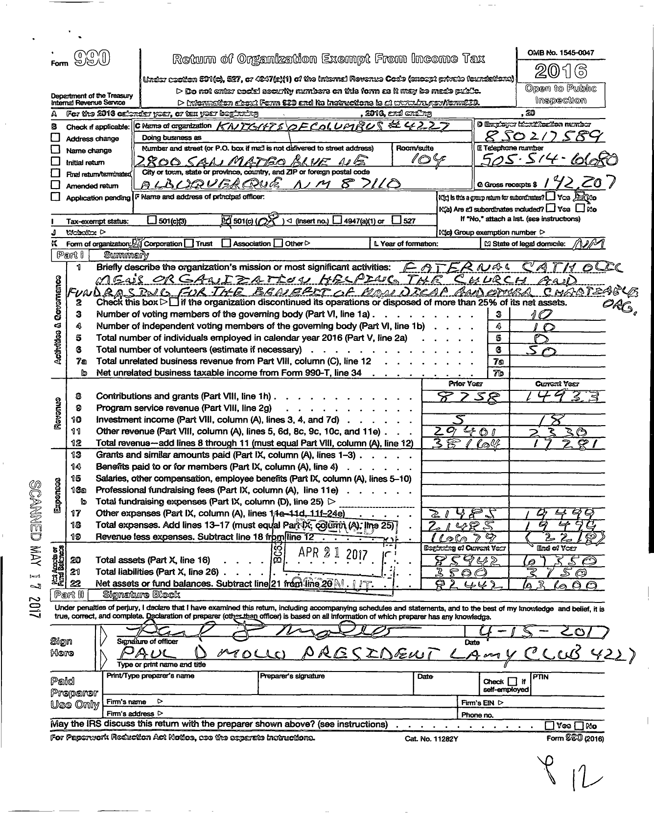 Image of first page of 2016 Form 990O for Knights of Columbus - 4227 Archbishop Lamy Council