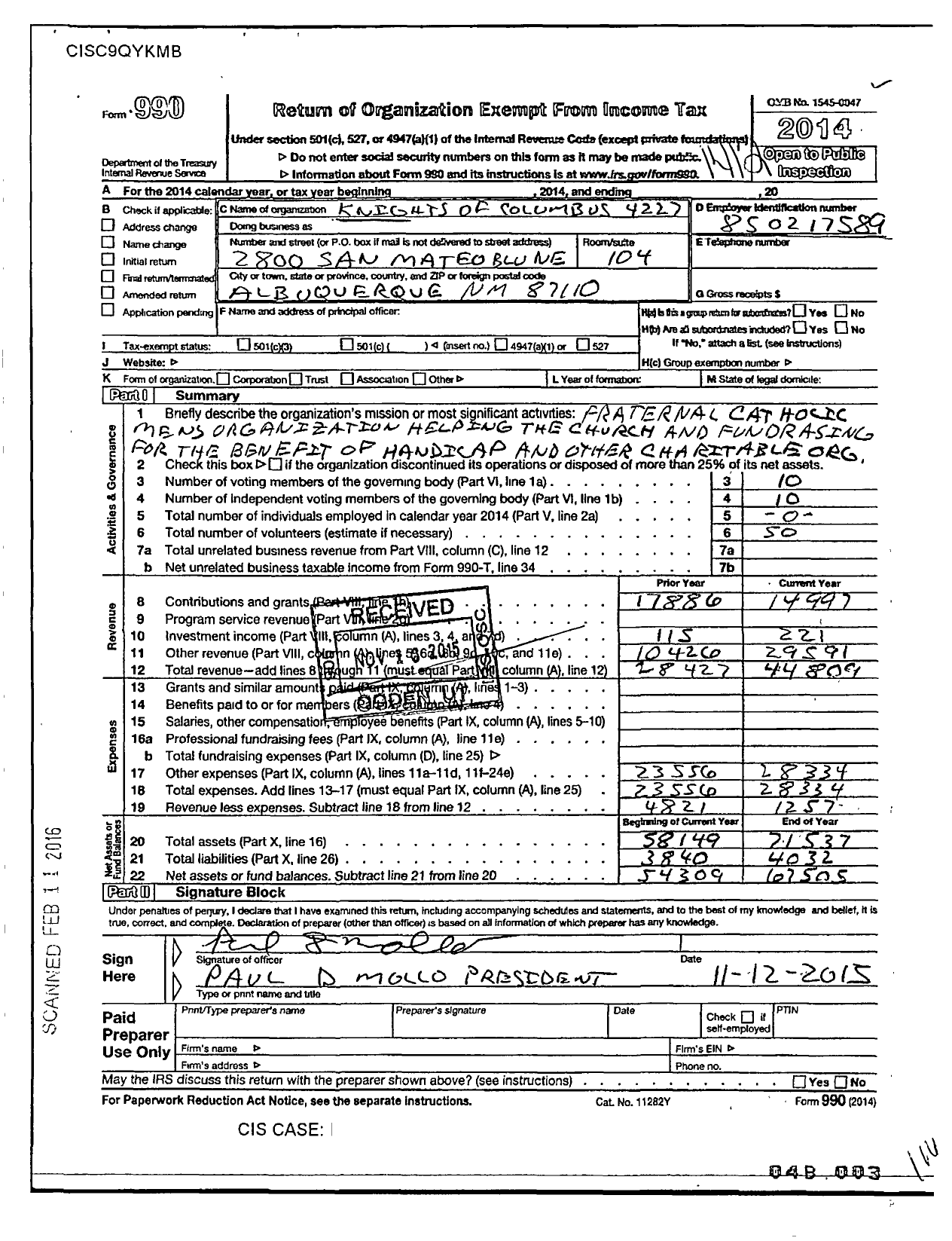 Image of first page of 2014 Form 990O for Knights of Columbus - 4227 Archbishop Lamy Council