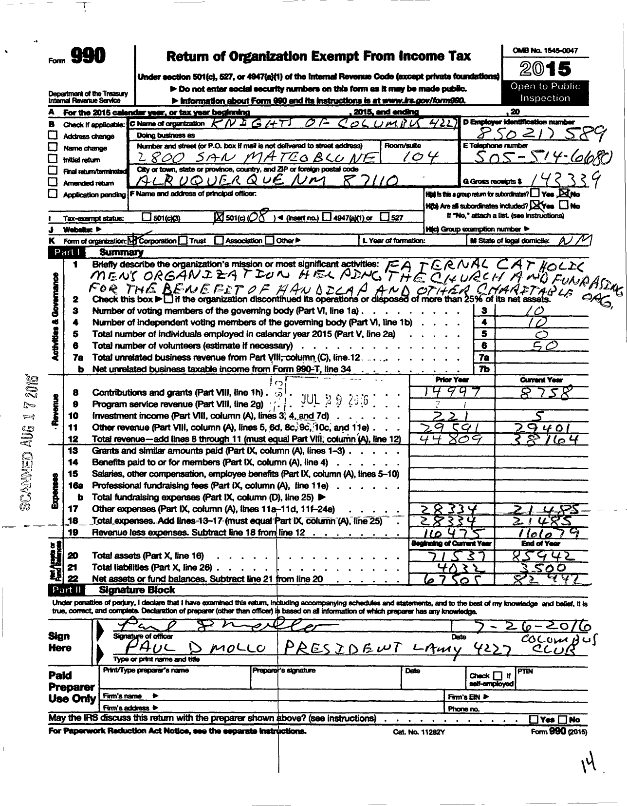 Image of first page of 2015 Form 990O for Knights of Columbus - 4227 Archbishop Lamy Council