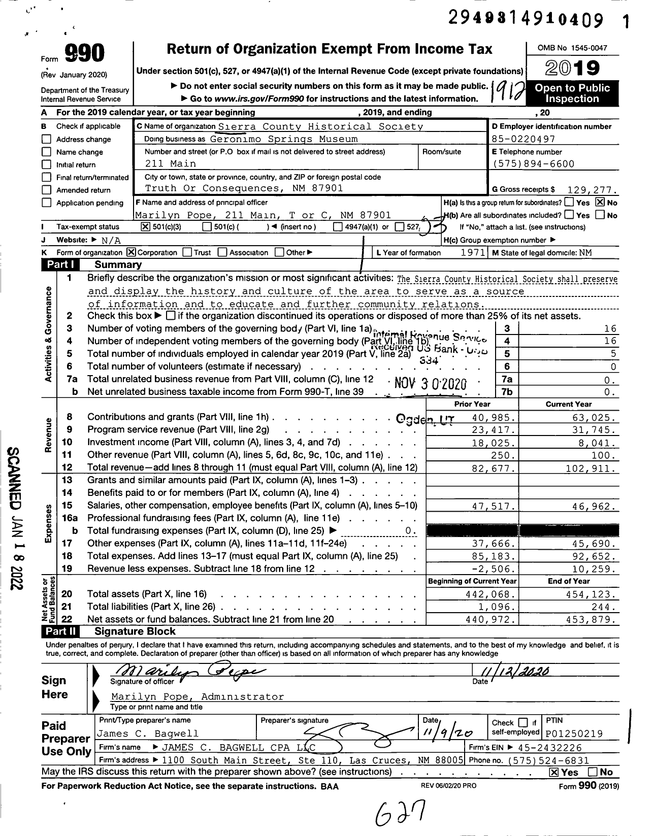 Image of first page of 2019 Form 990 for Geronimo Springs Museum