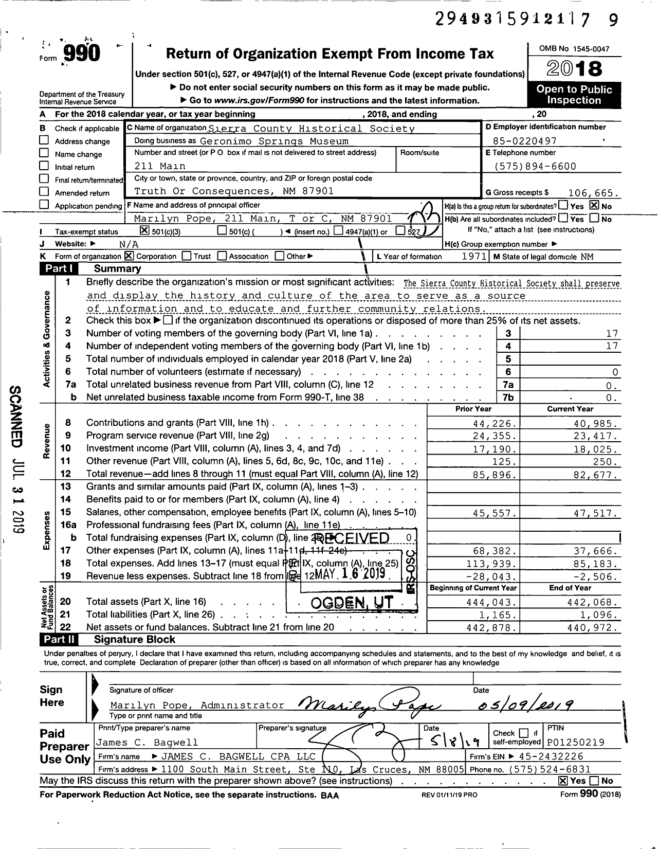 Image of first page of 2018 Form 990 for Geronimo Springs Museum