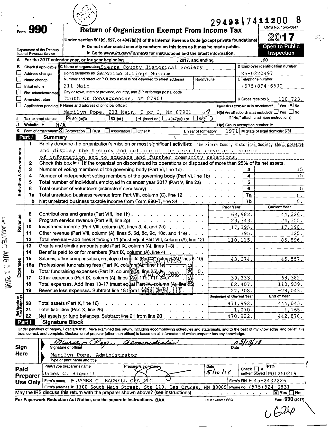 Image of first page of 2017 Form 990 for Geronimo Springs Museum