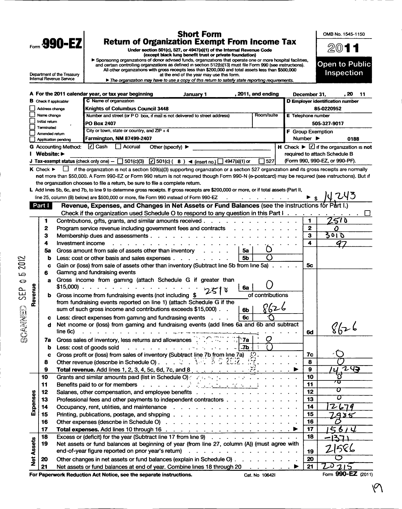 Image of first page of 2011 Form 990EO for Knights of Columbus - 3448 San Juan