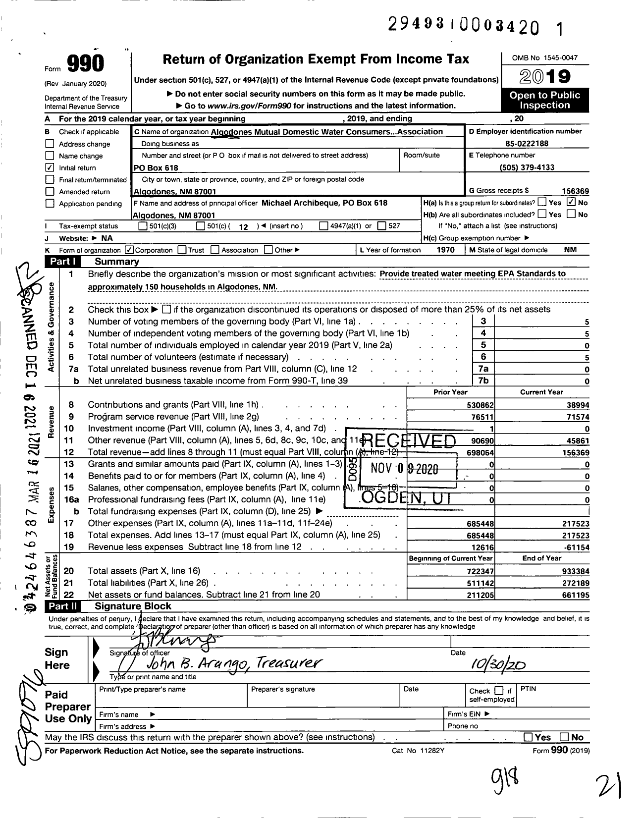 Image of first page of 2019 Form 990O for Algodones Mutual Domestic Water Association