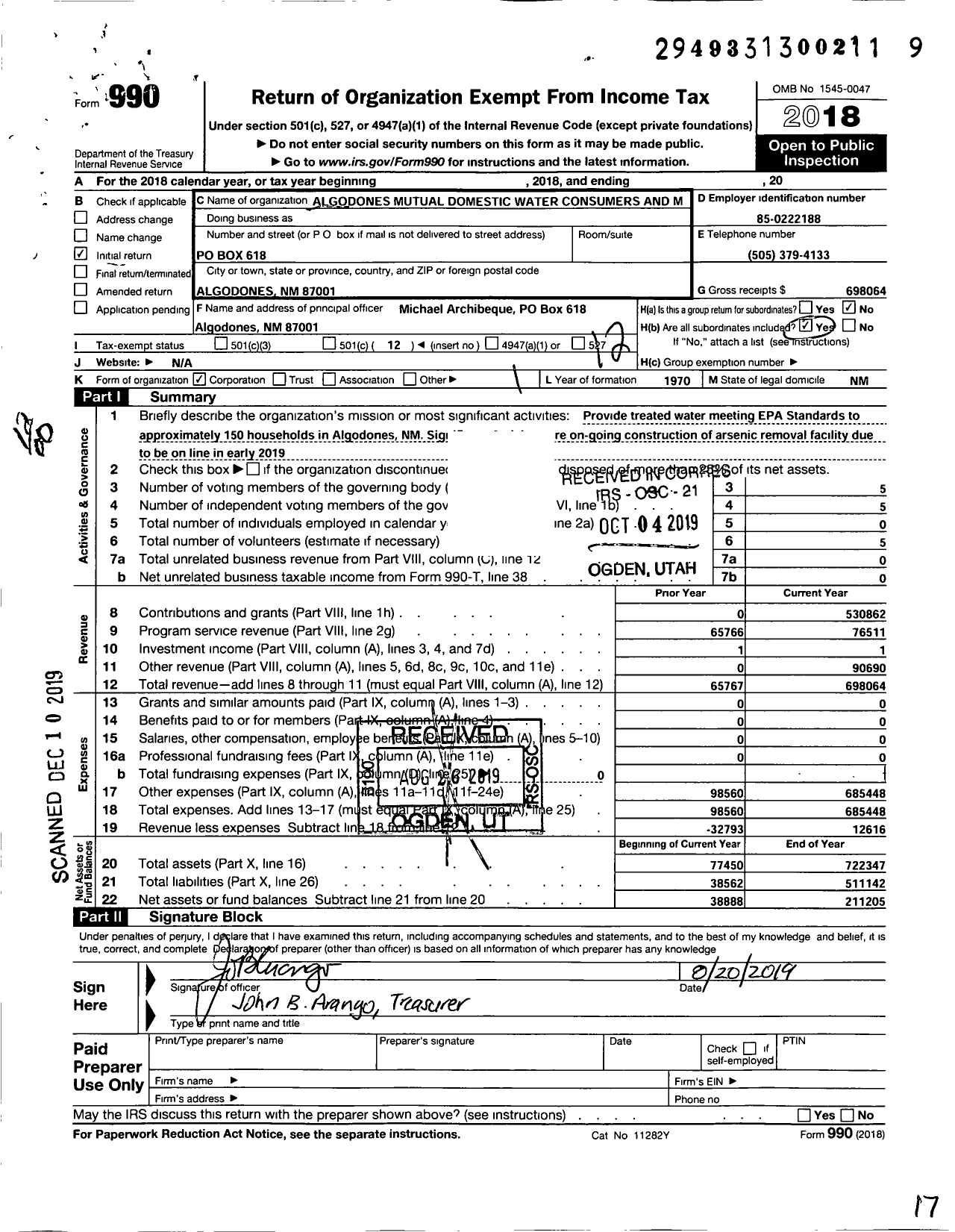 Image of first page of 2018 Form 990O for Algodones Mutual Domestic Water Association