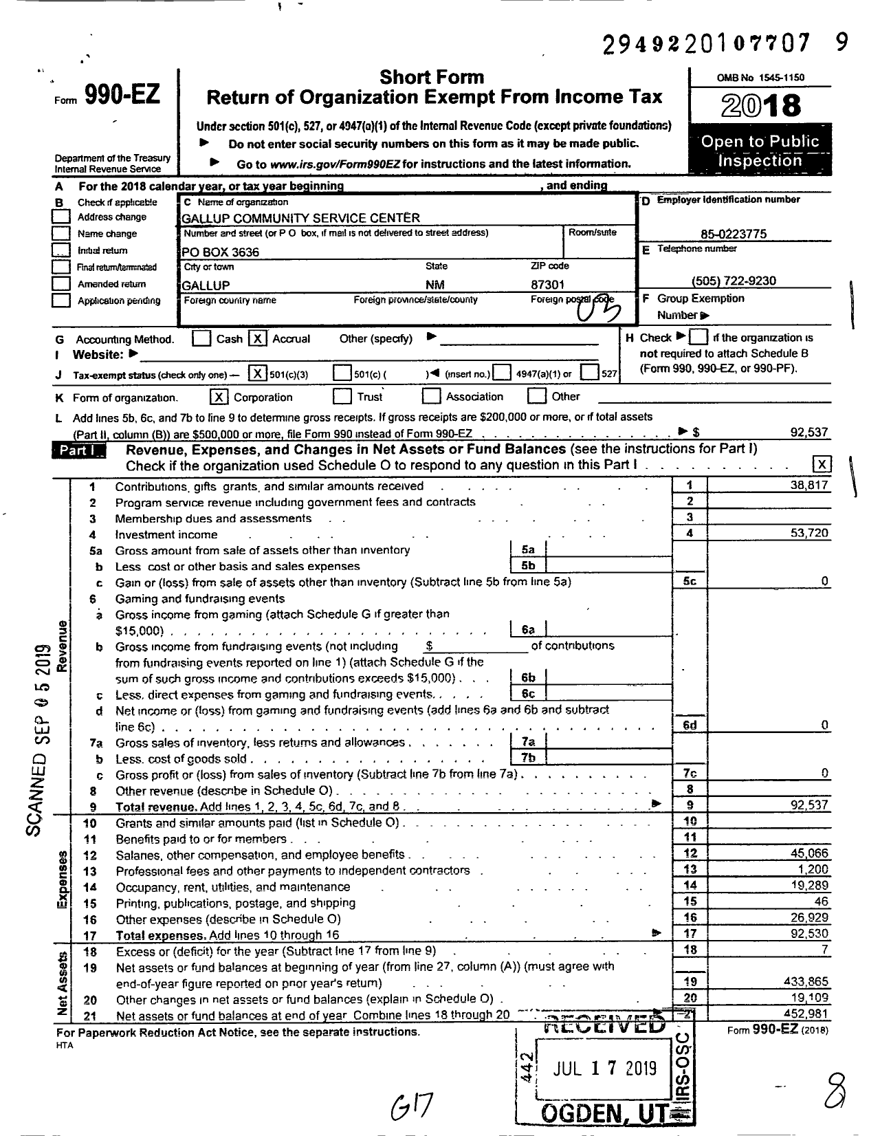 Image of first page of 2018 Form 990EZ for Gallup Community Service Center Association