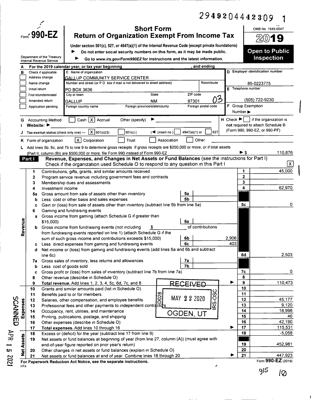 Image of first page of 2019 Form 990EZ for Gallup Community Service Center Association