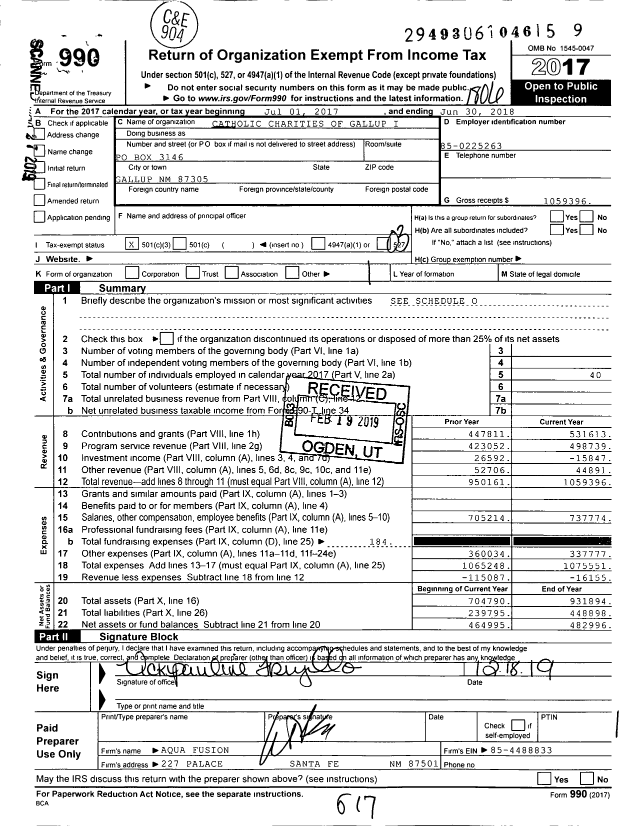 Image of first page of 2017 Form 990 for Catholic Charities of Gallup I