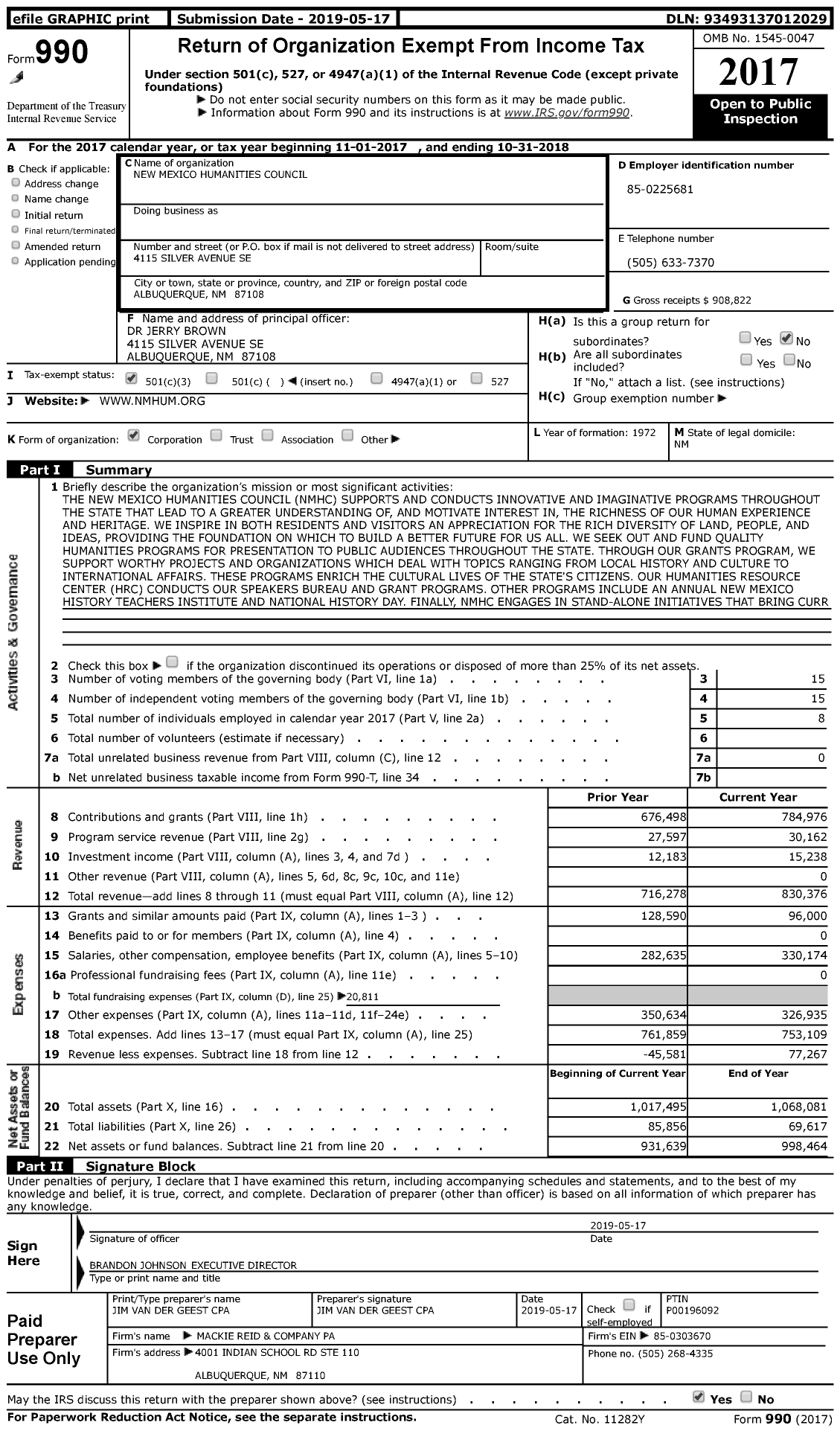 Image of first page of 2017 Form 990 for New Mexico Humanities Council