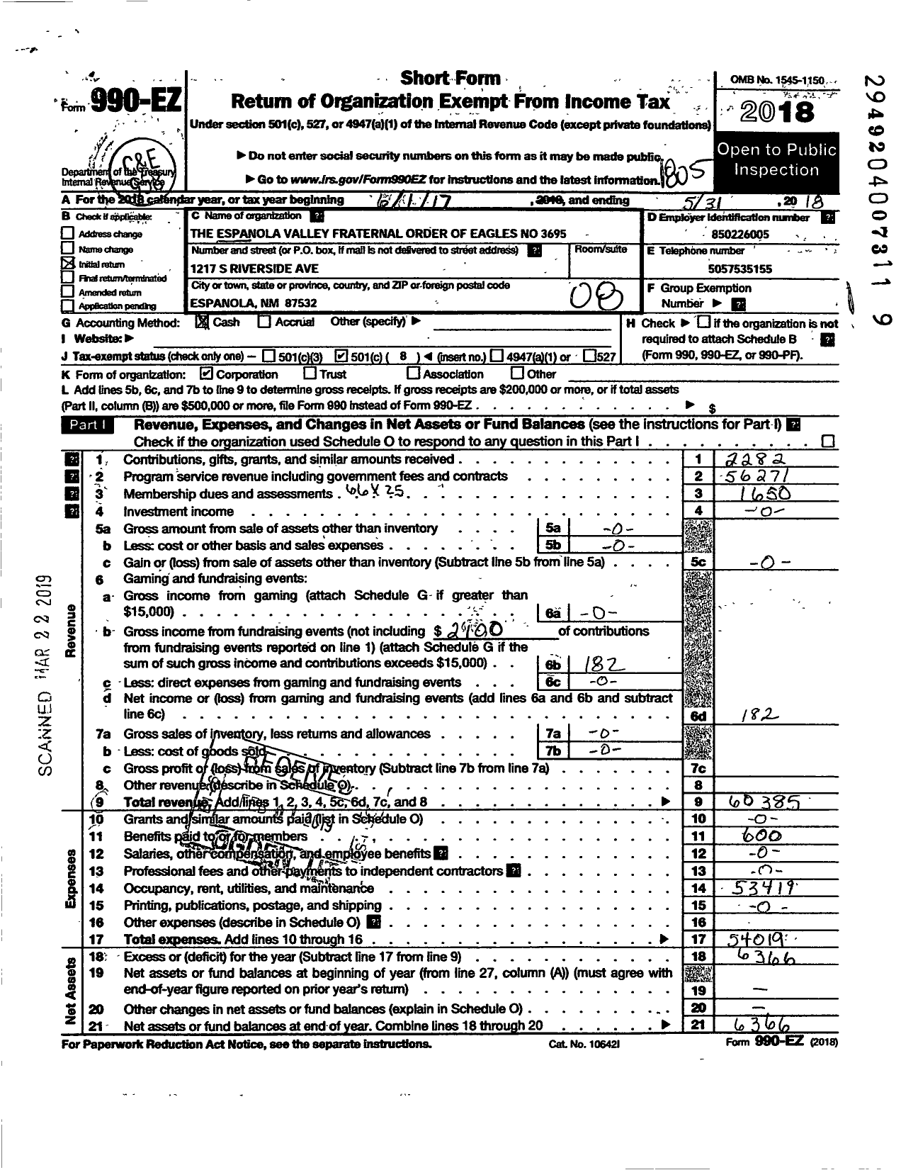 Image of first page of 2017 Form 990EO for FRATERNAL ORDER OF EAGLES / 3695 Aerie