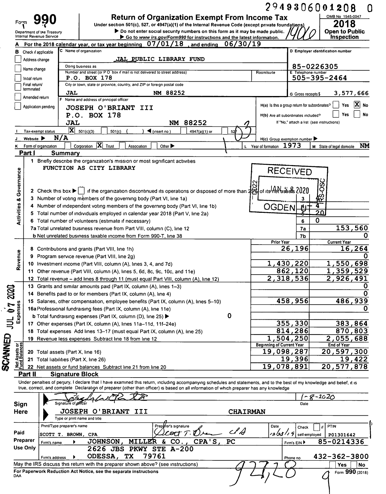 Image of first page of 2018 Form 990 for Jal Public Library Fund