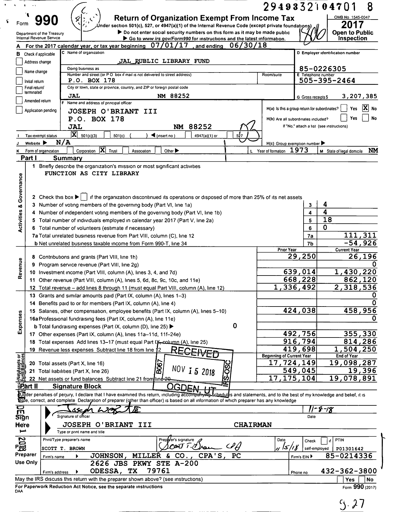 Image of first page of 2017 Form 990 for Jal Public Library Fund