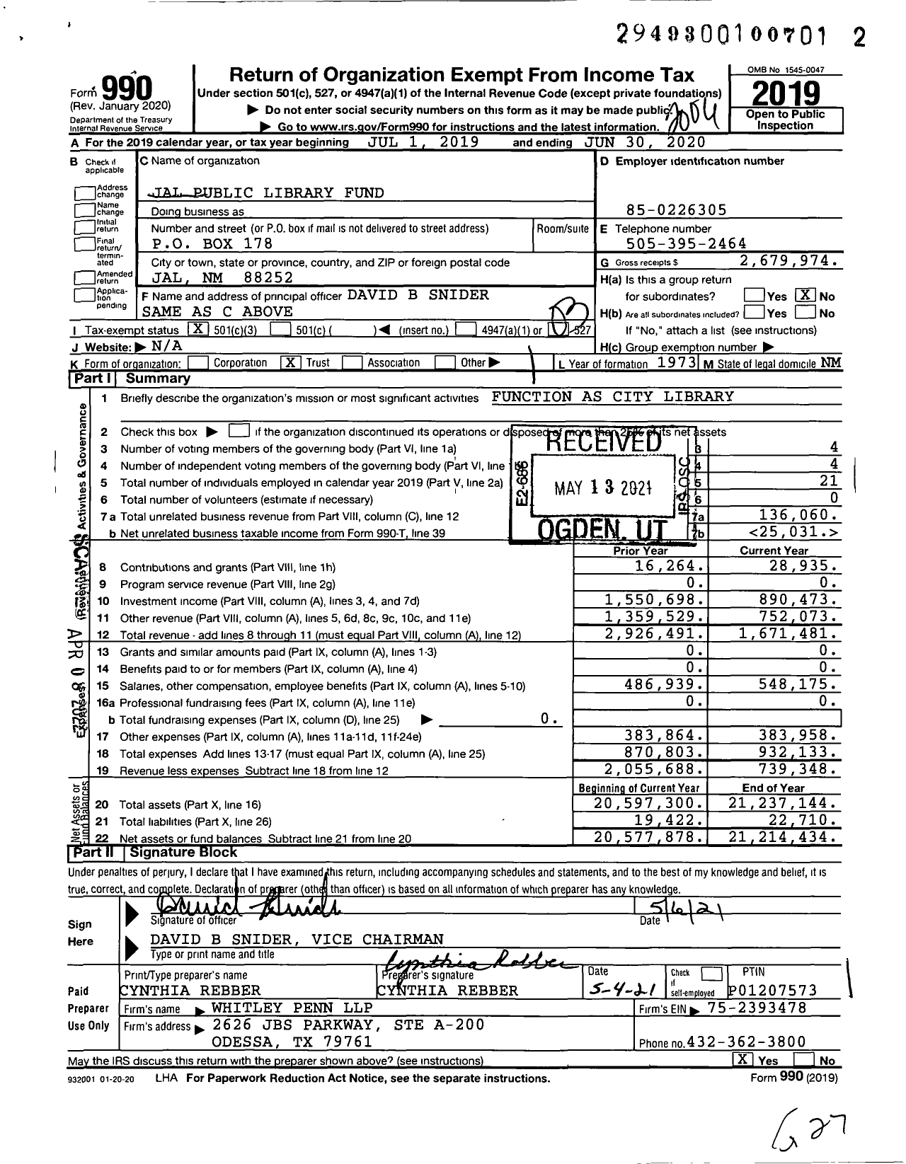 Image of first page of 2019 Form 990 for Jal Public Library Fund