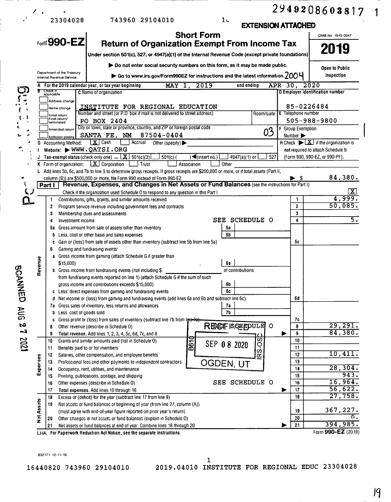 Image of first page of 2019 Form 990EZ for Institute for Regional Education