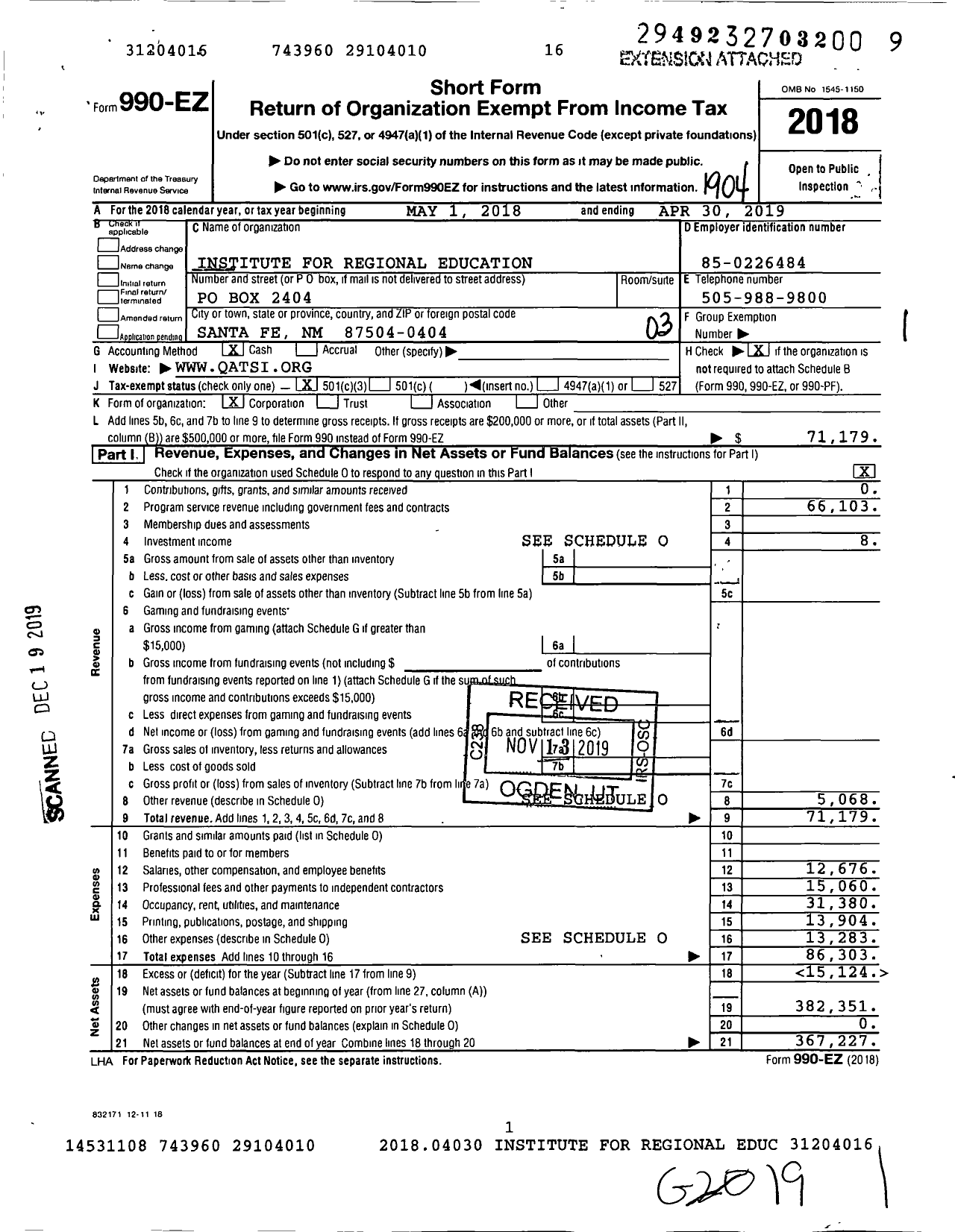 Image of first page of 2018 Form 990EZ for Institute for Regional Education