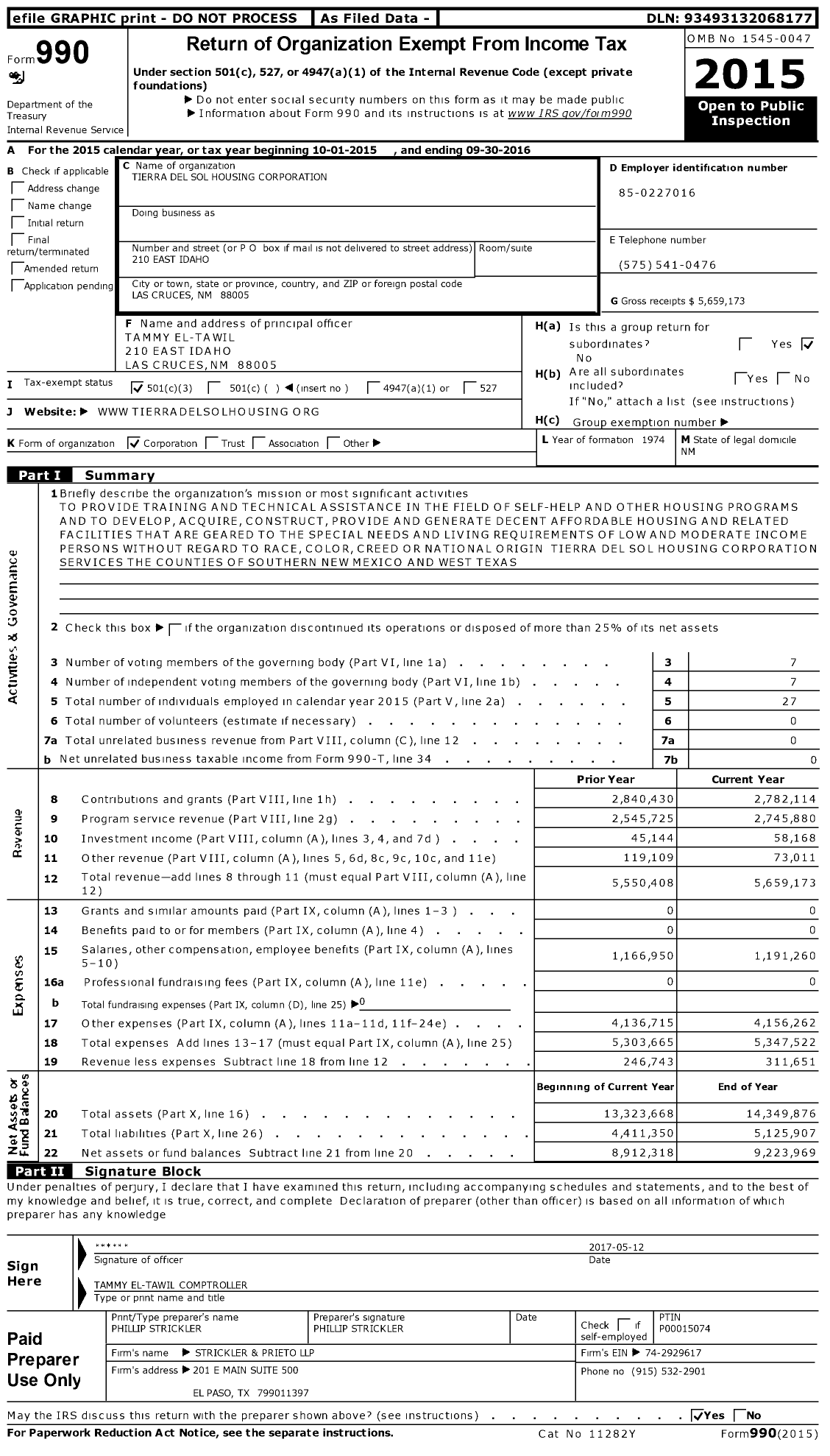 Image of first page of 2015 Form 990 for Tierra del Sol Housing Corporation