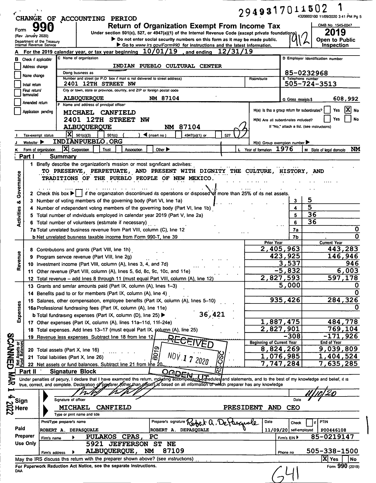 Image of first page of 2019 Form 990 for Indian Pueblo Cultural Center