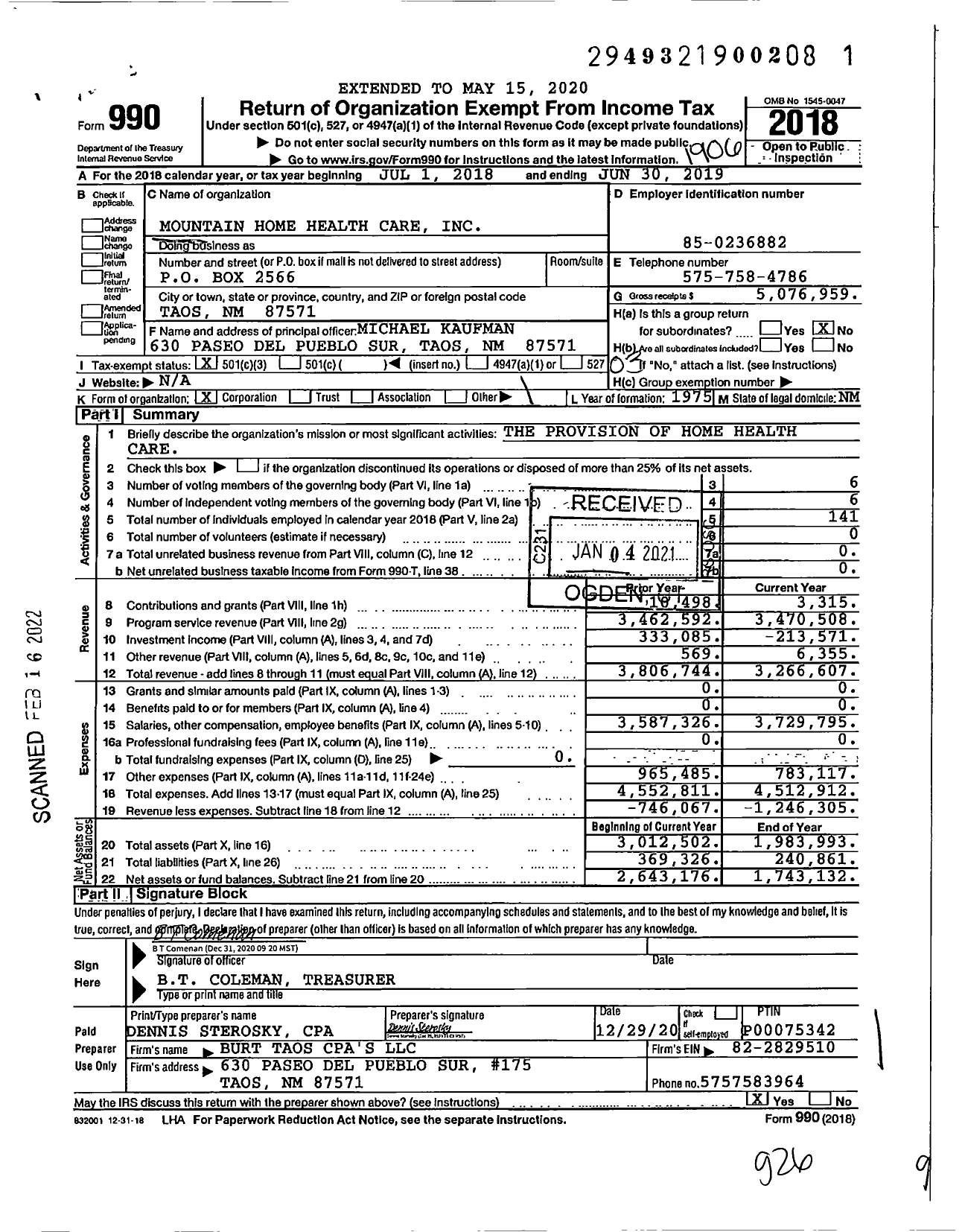 Image of first page of 2018 Form 990 for Mountain Home Health Care