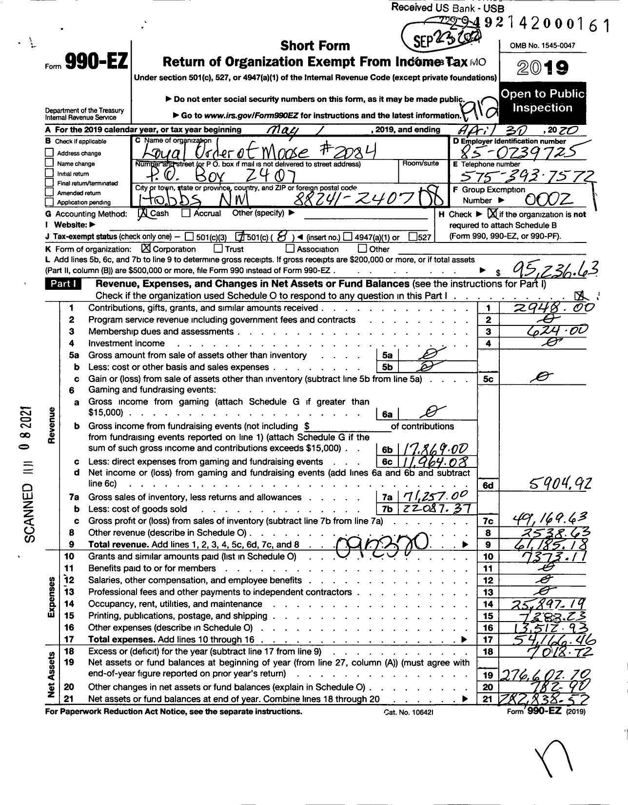 Image of first page of 2019 Form 990EO for Loyal Order of Moose - 2084