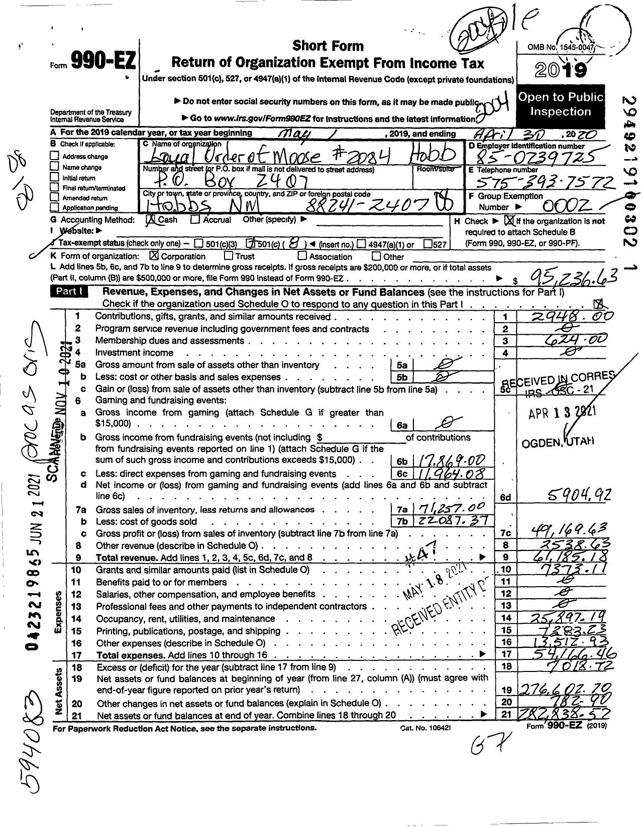 Image of first page of 2019 Form 990EO for Loyal Order of Moose - 2084